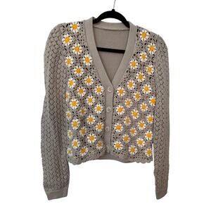 Boho Daisy Crochet Cardigan Tan Pointelle Knit V-Neck Floral Button Up Sweater